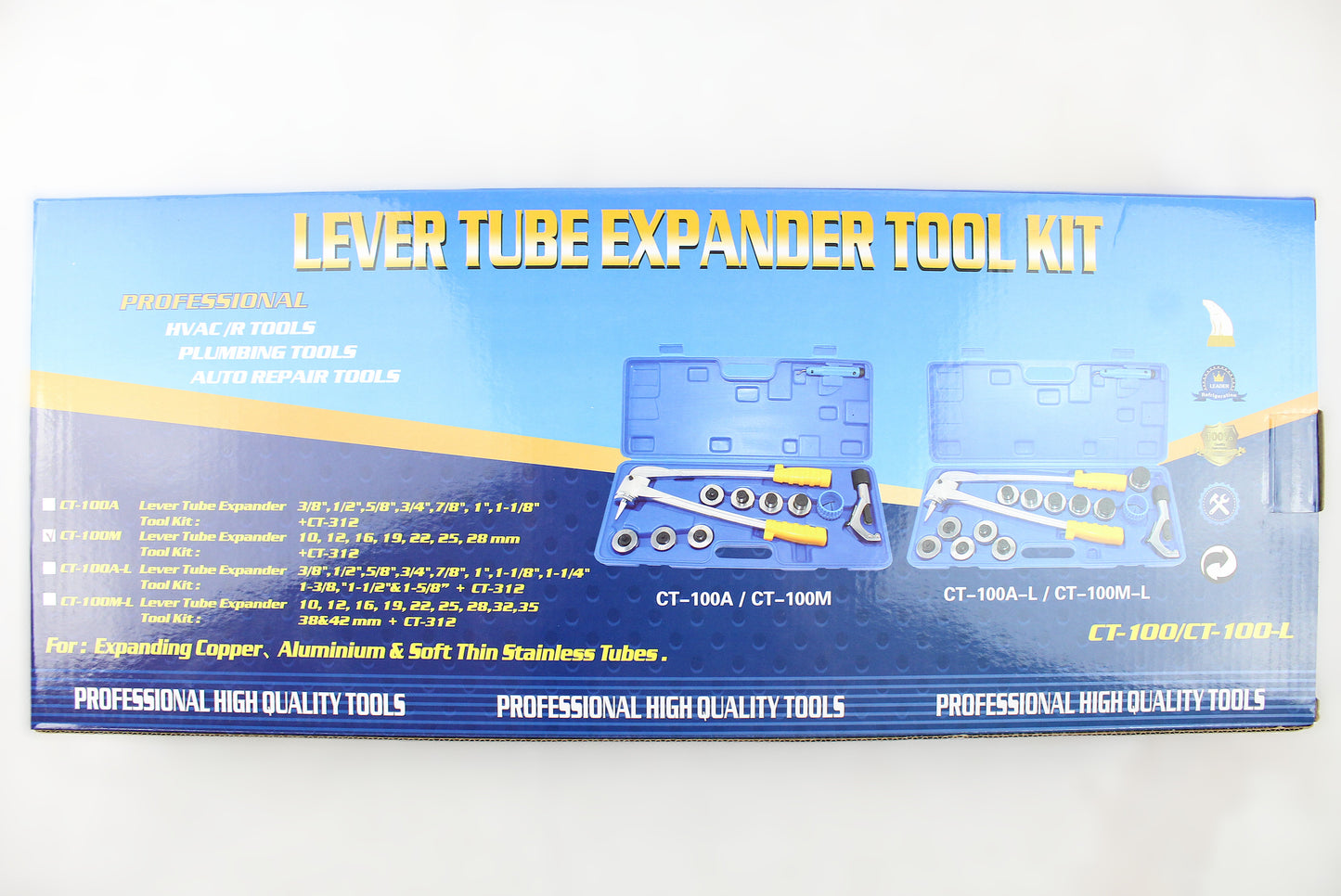 Lever Tube Expander Tool Kit retail box, featuring blue packaging with gold lettering and illustrations of the included tool sets.