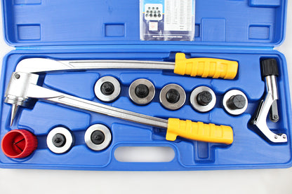 A metal pipe bender tool kit with yellow handles, various metal mandrels, a red pipe cleaner, and a black-handled lever, all arranged inside an open blue plastic storage case on a white background.