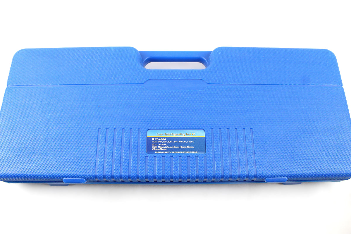 A blue plastic tool case with a molded handle and a small label on the front, photographed on a plain white background.