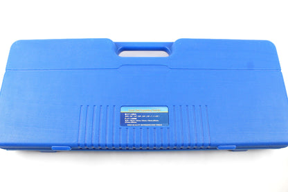 A blue plastic tool case with a molded handle and a small label on the front, photographed on a plain white background.