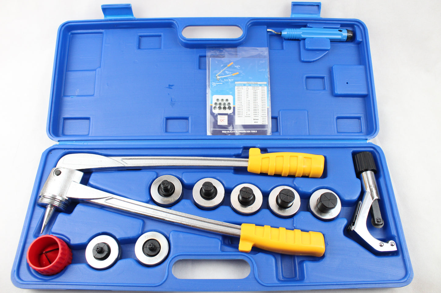 Lever Tube Expander Tool Kit retail box, featuring blue packaging with gold lettering and illustrations of the included tool sets.
