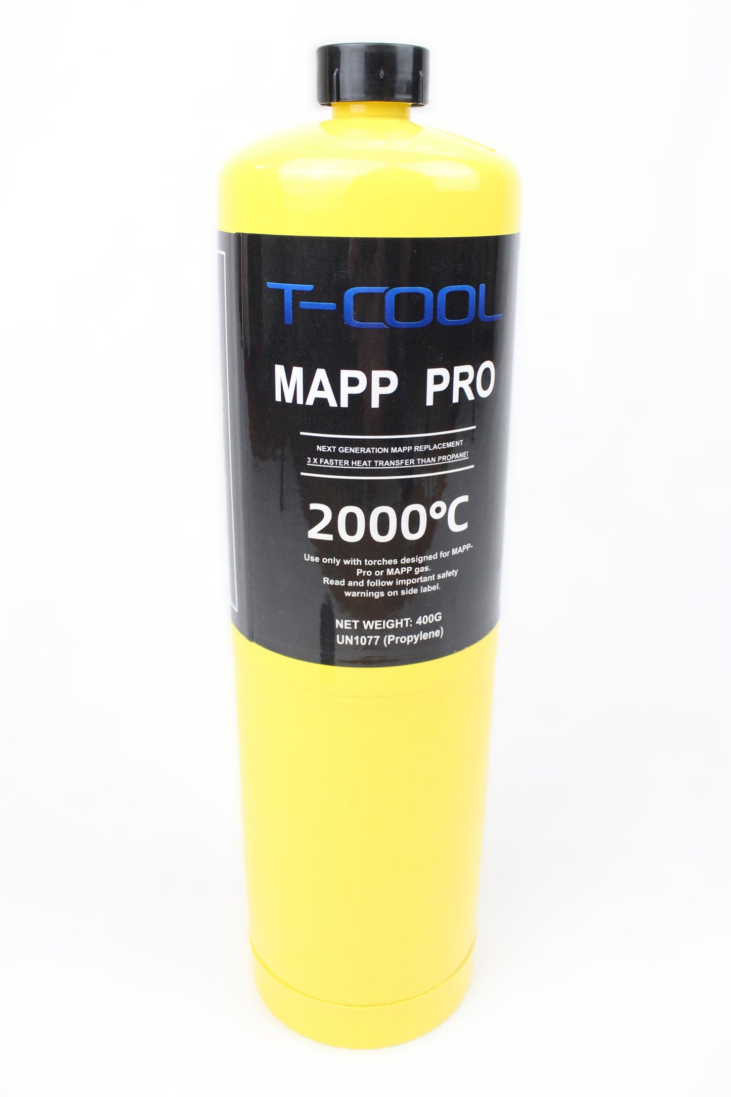 A yellow T-Cool Mapp Pro 2000°C propellant can with a black label, photographed against a plain white background.