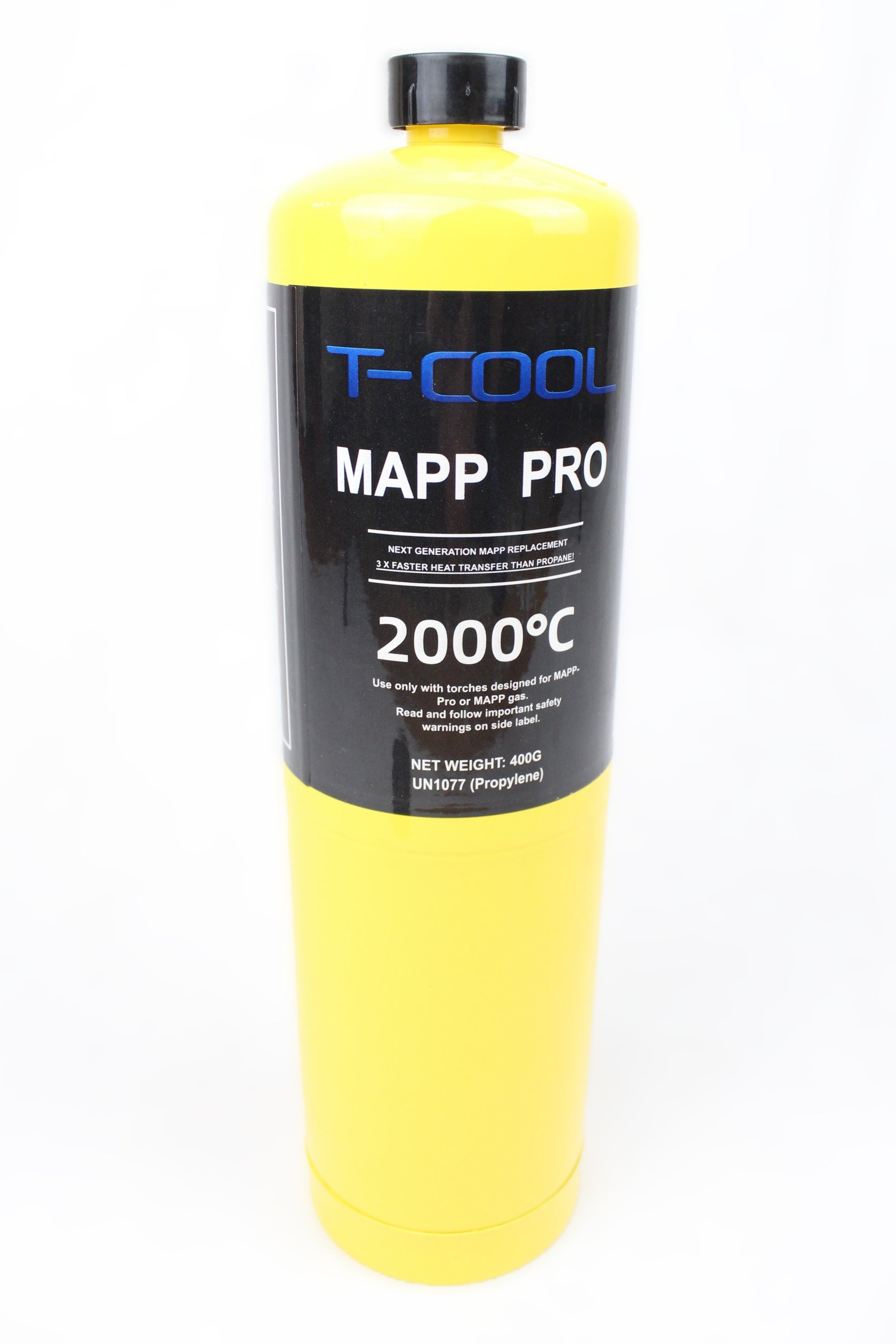 A yellow T-Cool Mapp Pro 2000°C propellant can with a black label, photographed against a plain white background.